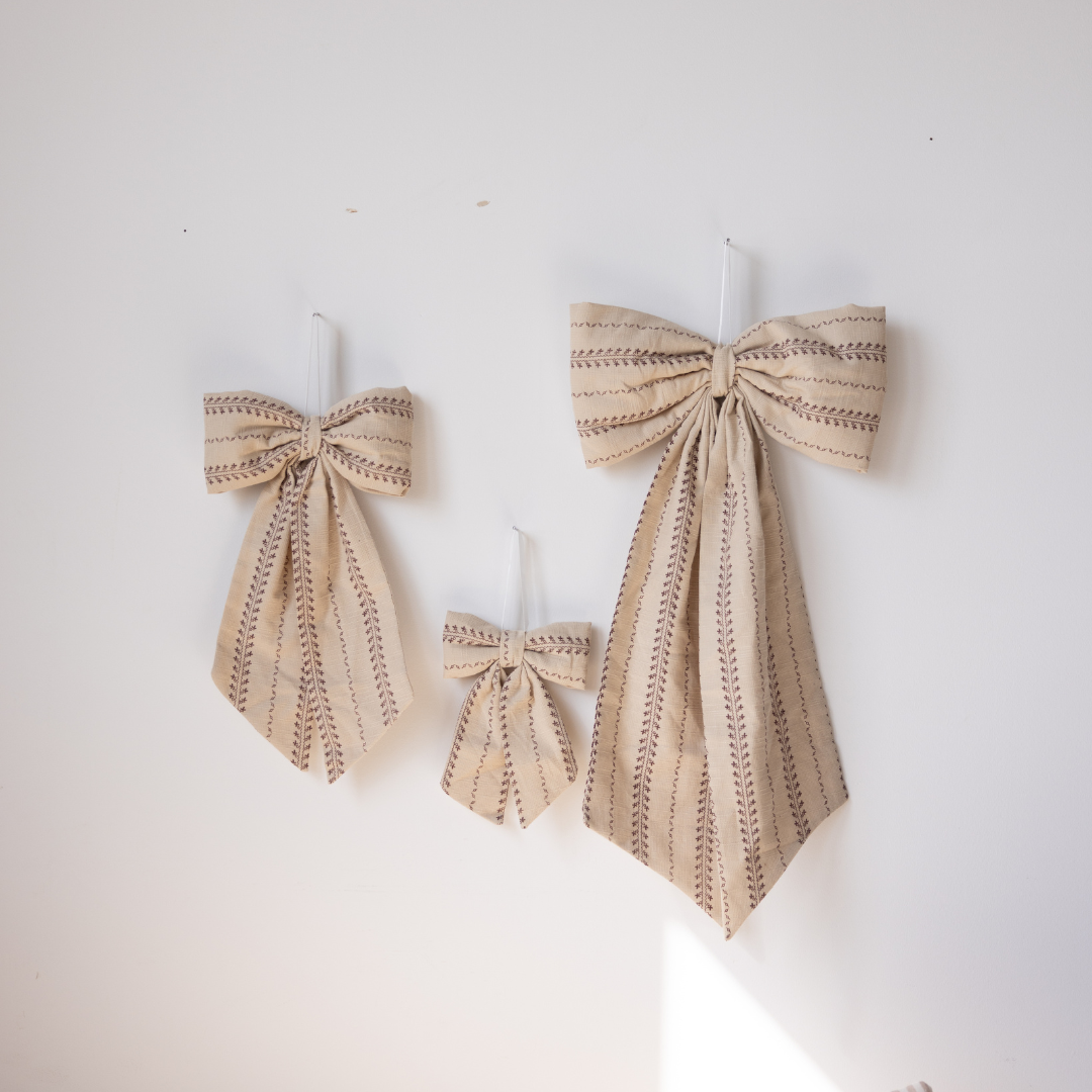 Folk Beige Stripe Embroidery Bow