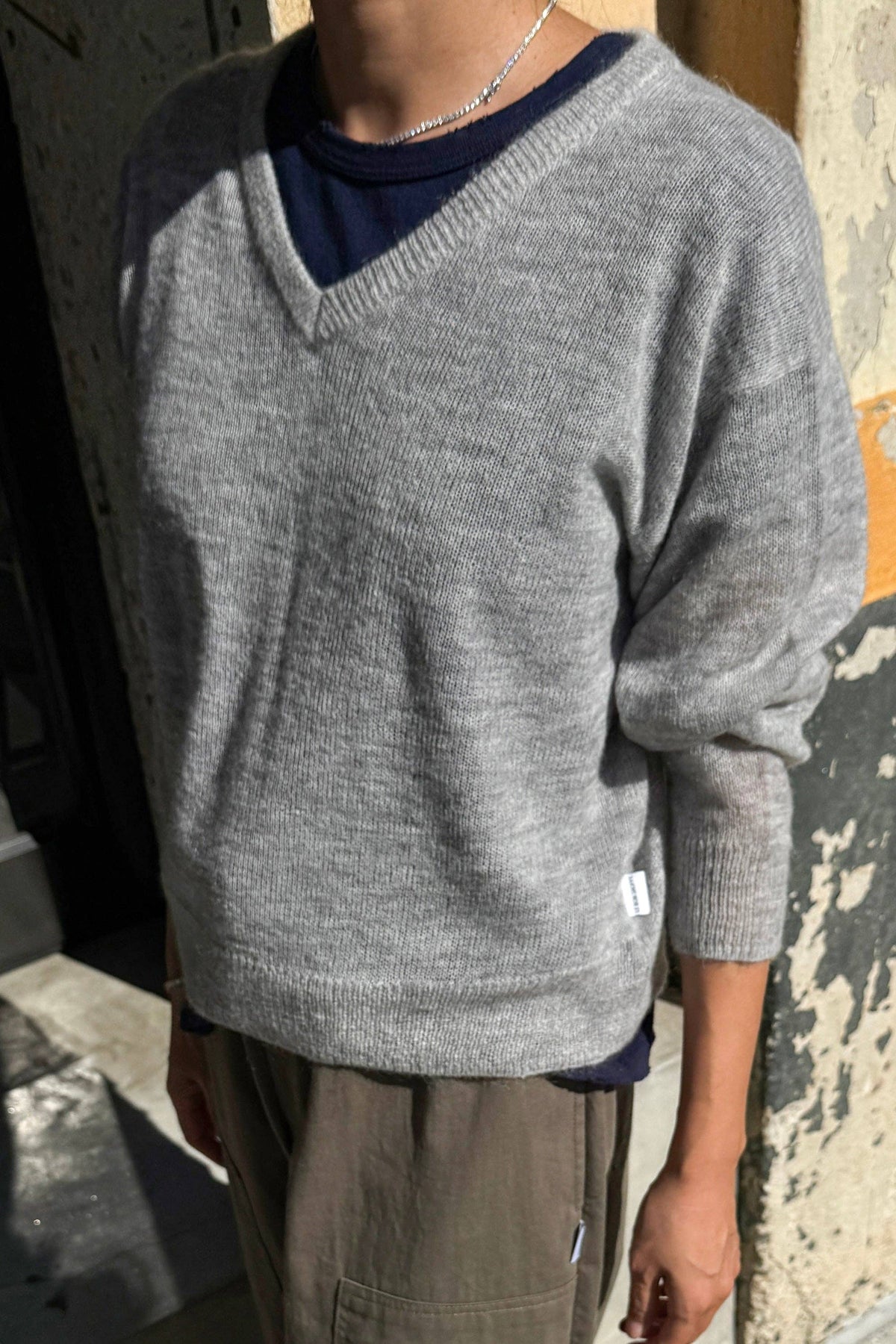 Matthew V-Neck Mohair Sweater, Icy Grey