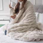 Ruched Faux Fur Throw- Ecru Beige
