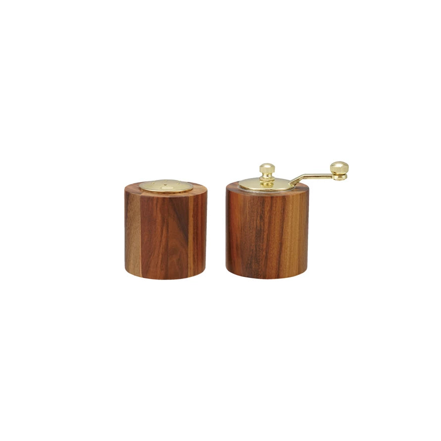 Acacia Wood Salt Shaker & Pepper Mill Gold Finish