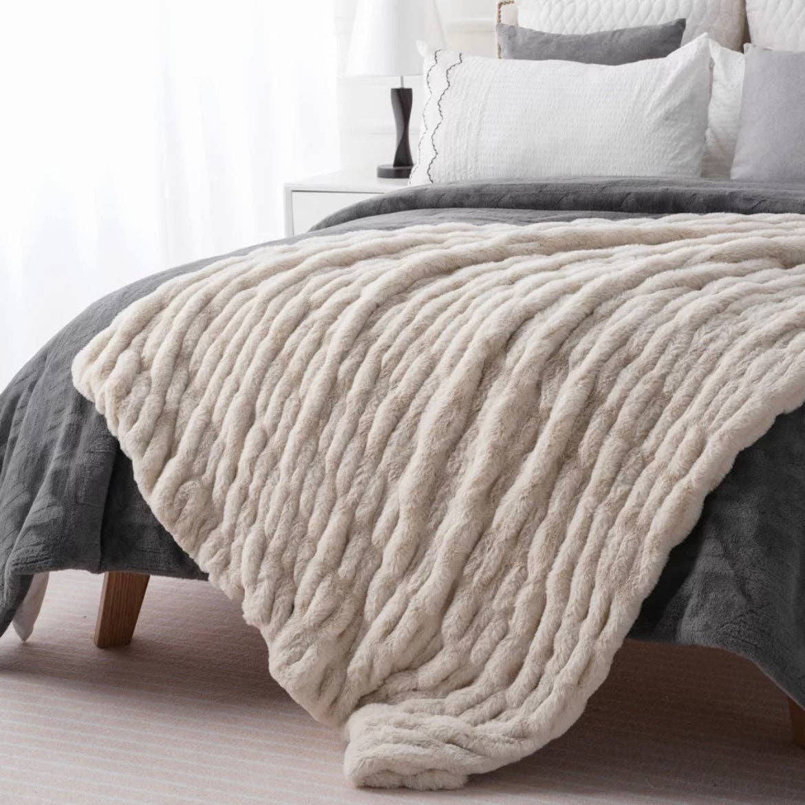 Ruched Faux Fur Throw- Ecru Beige